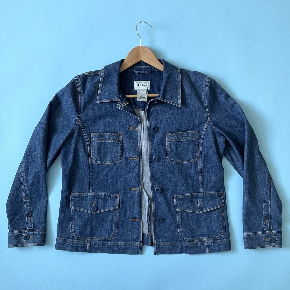 L.L. Bean Women's Denim Utility Chore Jacket Blue Cotton Stretch Petite Medium M - Picture 5 of 12